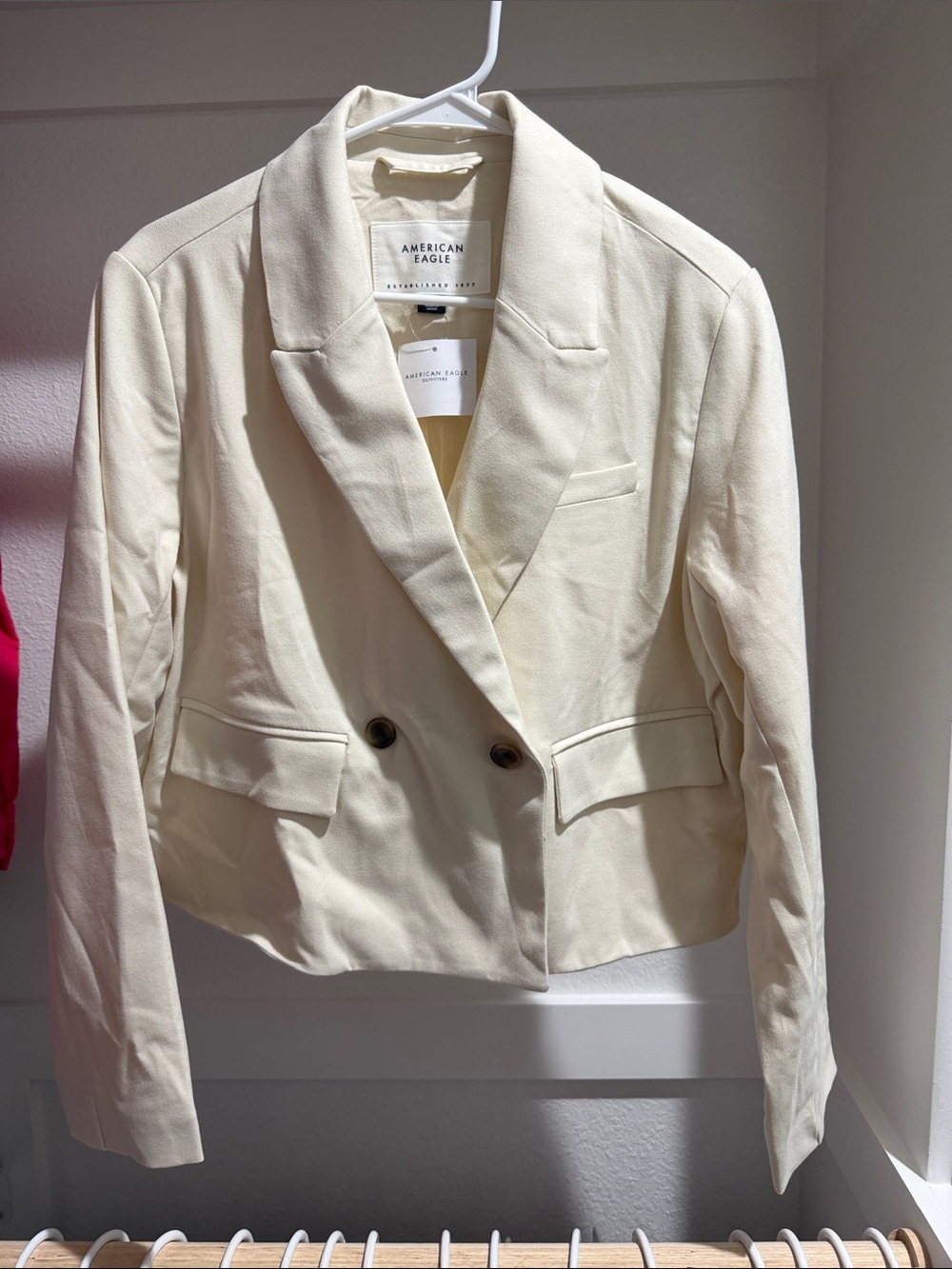 American Eagle Outfitters Cream Double-Breasted Cropped Blazer